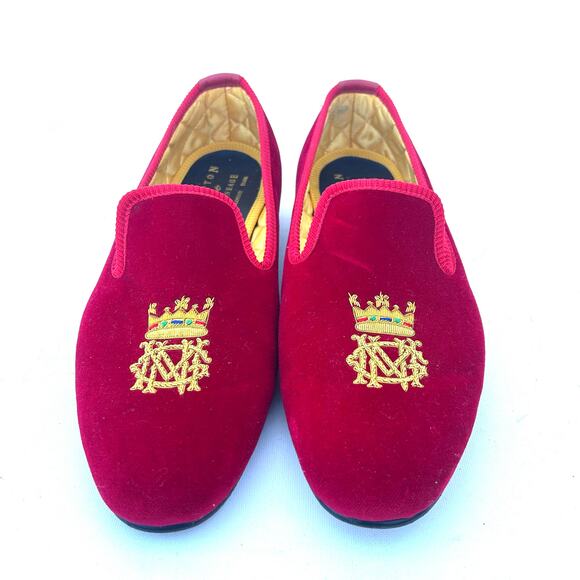 Shipton & Heneage Men’s Velvet Smoking Slippers Loafers Red Crown Quilt US 9 - Picture 2 of 8